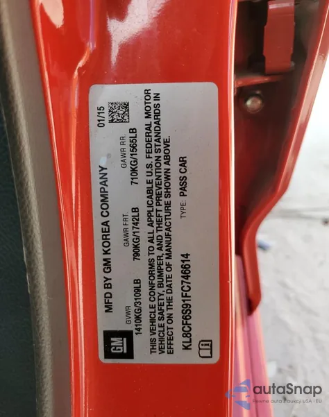 2015 Chevrolet Spark 2Lt из США, поврежденный, VIN KL8CF6S91FC746614